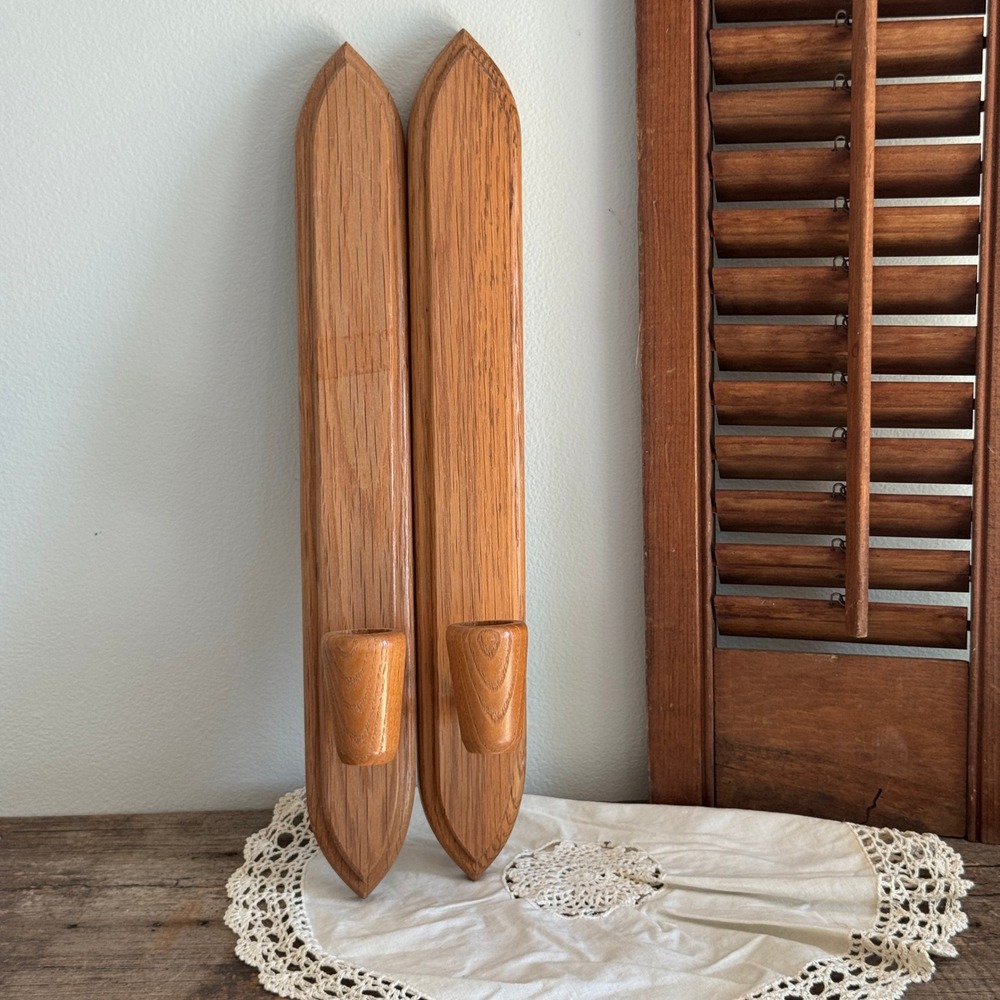 Vintage HODA Oak Wood Wall Sconces Set of 2 Candle Holders Dallas Texas MCM